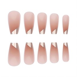 RUOKEXIN Medium Press on Nails Coffin Fake Nails with Designs Nude Gradient Acrylic False Nails with Glue French Gold Tip Artificial Nails Glossy Fake Fingernails Stick on Nails for Women 24Pcs