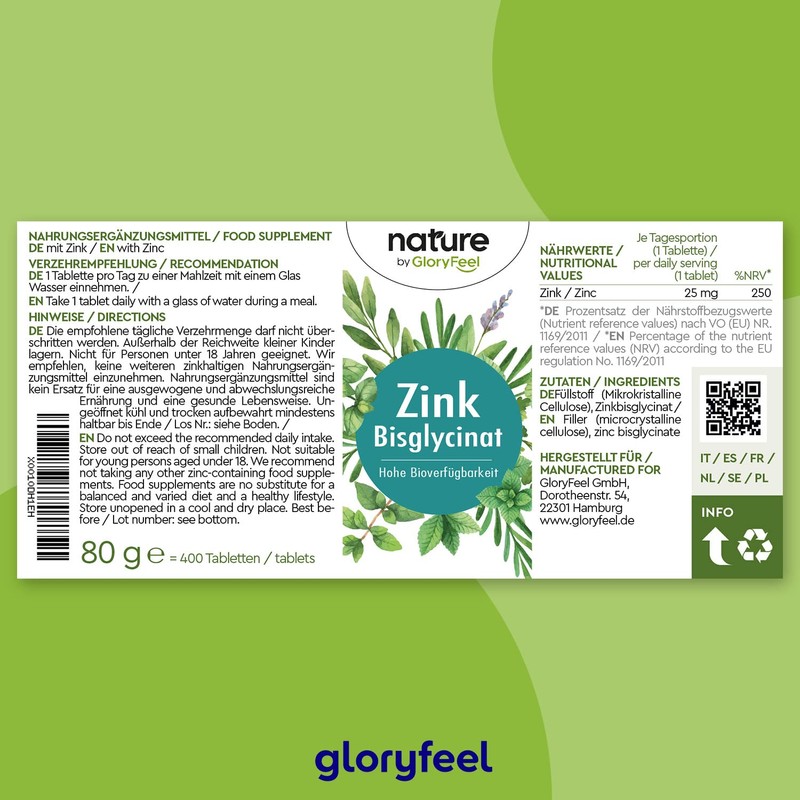 Zinc Tablets 25mg – 400 Tablets Zinc Bisglycinate (zinc chelate)