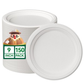 JOLLY CHEF 100% Compostable Paper Plates, 150 Pack 9 Inch Heavy Duty Plates, Disposable Biodegradable Eco-Friendly Sugarcane, Bulk White