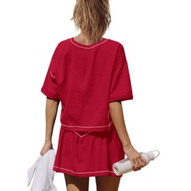 Nirovien 2 Piece Workout Sets for Women Two Piece Outfits V Neck Tops and Skort Set Gym Sporty Athletic Clothing Sets(Red,XS)