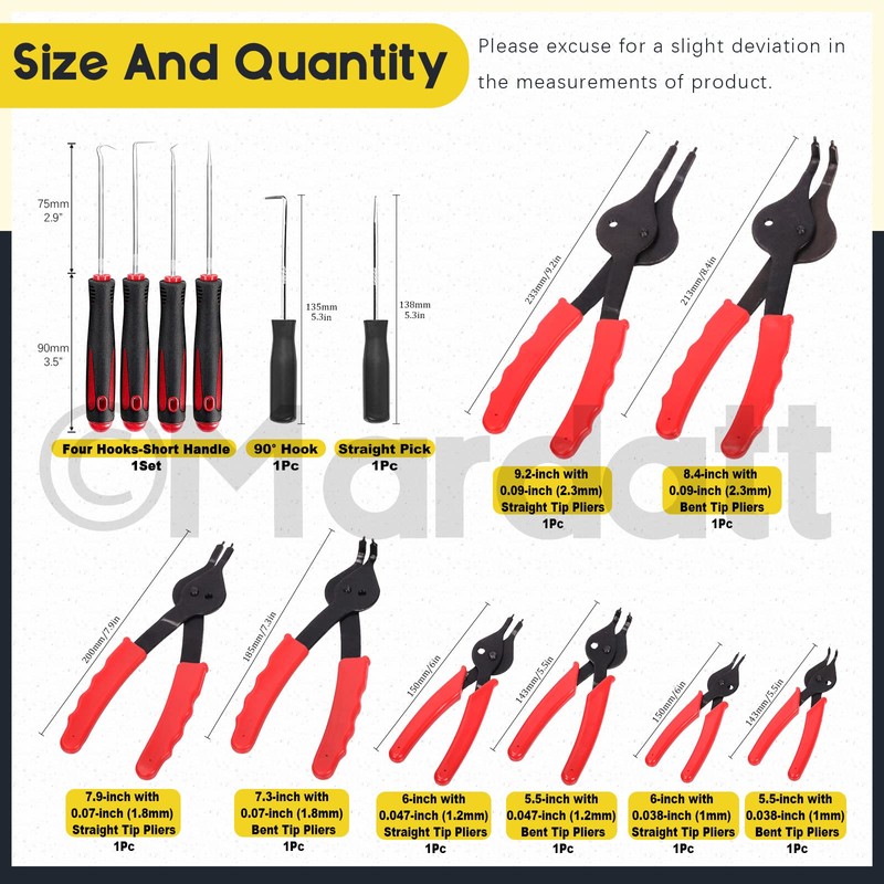 Mardatt 225Pcs Snap Ring Pliers Set Includes Straight & Bent