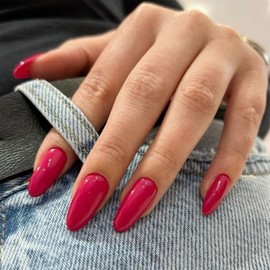 YOSOMK Rose Red Acrylic Press on Nails Almond Medium Fake Nails Press Ons Full Cover Glue on False Nail Bright Surface Designs Artificial Stick on Nail for Women