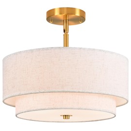 HPKVORP 16" Semi Flush Mount Ceiling Light, Gold 3 Light Double Drum Fabric Lampshade Lighting Fixture for Living Room, Bedroom, Dining Room, Kitchen, Hallway (Swivel Canopy for Sloped/Flat Ceiling)