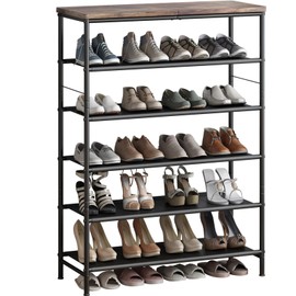 INGIORDAR Shoe Rack Organizer 6 Tier Metal Organizer Shelf with Industrial MDF Board and Layer Fabric for Entryway Closet Bedroom Living Room Garage,Black & Rustic Brown (Black+Rustic Brown, 6 Tier)