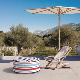 DYTXIII Inflatable Ottoman Stool D31 xH14 for Outdoor/Indoor Use, Water Repellent Patio Foot Rest Stool with Portable Handle,Round Pouf Ottoman Suitable for Garden,Deck and Camping - Stripe Red Blue