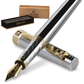 Keyzor Luxury Fountain Pen - Fancy Si(Silver) Pen, 24K Gold Plated Fine Point, Dual Use Converter Gift Case, Journaling, Calligraphy, Smooth Writing Pen for Women & Men