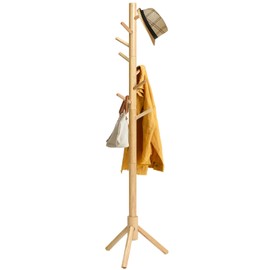 IBUYKE Coat Rack Freestanding, Wooden Coat Tree with 3 Adjustable Sizes and 8 Hooks, Easy to Assembly Coat Rack Stand for Bedroom Office Hallway, Wood Color URF-1193