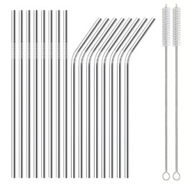 Salubohum 18 Straws Set, 215 x 6 mm Stainless Steel Straws, Reusable, Contains 16 Straws, 2 Cleaning Brushes, Easy to Clean, Suitable for Fruit Juices, Milkshake, Cocktail