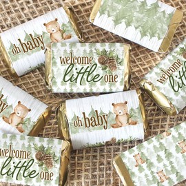Woodland Bear Baby Shower Mini Chocolate Candy Bar Wrapper Labels, Party Favor Stickers - 45 Count