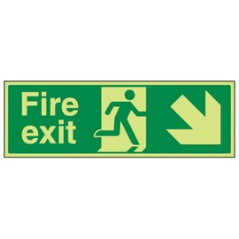V Safety 14006AX-G Glow In The Dark Fire Exit Arrow Down Right Sign - 300mm x 100mm - Rigid Plastic, Green