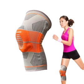 EDIFIT, Knee Support for Men and Women, Knee Support, Crossfit, Meniscus, Compression, Adjustable, with Side Stabilisers and Gel Pads (Orange, M)