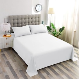 Ghooss 4 Piece Bed Sheet Set(Full,White)-1 Flat Sheet,1 Fitted Sheet and 2 Pillowcases,Microfiber Super Soft,Machine Washable & Fade Resistant