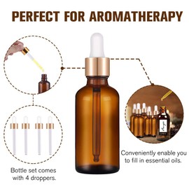 PrettyCare Set of 4, 1 oz Dropper Bottles with Golden Caps, Labels, Funnel & 2 Extra Dropper - 30 ml Thick Dark Amber Glass Empty Tincture Bottles for Personal Care & Beauty
