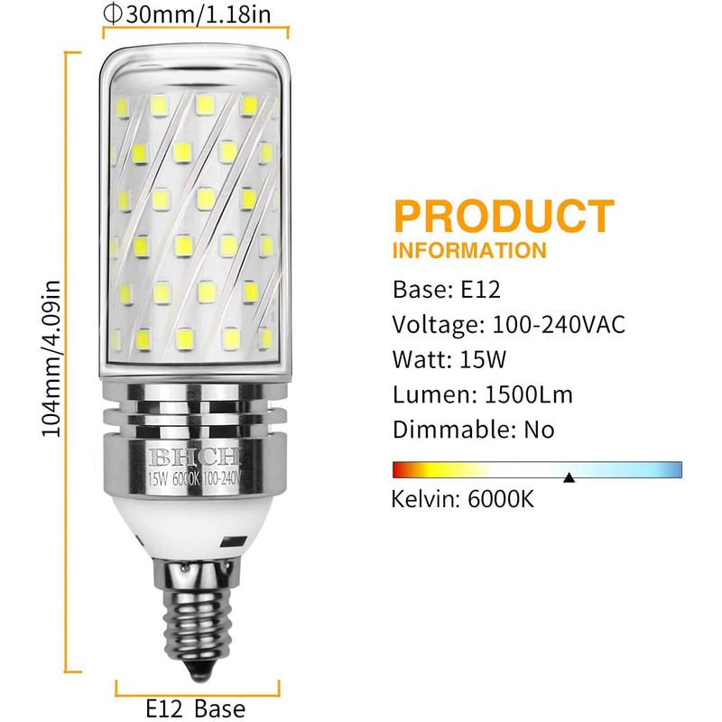 BHCH E12 LED Corn Bulbs, 15W, 6000K Daylight White, 1500LM,