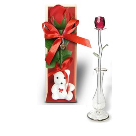 BANBERRY DESIGNS Glass Rose and White Teddy Bear in Gift Box - Valentine's Day Flowers and Bears for Wife, Husband, Boyfriend, Girlfriend - Red Rose Stands 8 Inches Tall