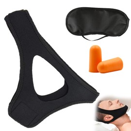 Chin Strap Airflow Jaw Strap Jaw Strap Breathable Snoring Chin Strap Included 1 Eye Mask and 1 Pair of Ear Plugs Suitable for Men and Women (Black)