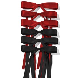 6PCS Silky Satin Black Hair Bows Hair Clip for Women Girls Wine Red Solid Satin Polyester Ribbon Ponytail Holder Decor Accessories Hair Barrettes for Toddlers Teens,9.8in