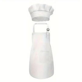 Zwenjuan Children's Apron and Chef's Hat Set, Adjustable Children's Cooking Apron, Children's Apron for Painting, Apron, Kitchen Apron, Craft Aprons with 2 Pockets for Painting, Baking, Cooking, White