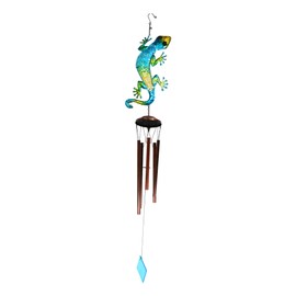 Ebros Gift Green Yellow Blue Camouflage Gecko Lizard Whimsical Copper Metal Wind Chime 40" Long Resonant Noisemaker Outdoor Patio Garden Hanging Mobile Cottage Cozy Nook Decor Accessory