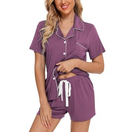 Senert Pajamas Set Short Sleeve Sleepwear Pajamas Button Down Nightwear Notch Collar Pajama Set Soft Pj Lounge Sets Purple,XX-Large