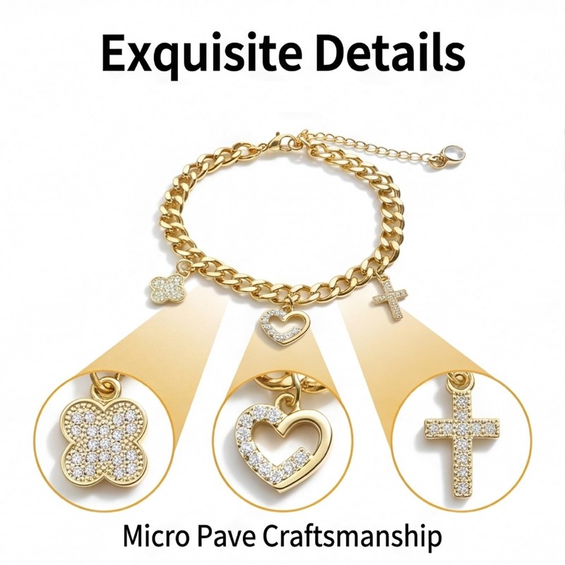 JTK Design Women Curb Chain Charm Bracelet Faith Love Lucky