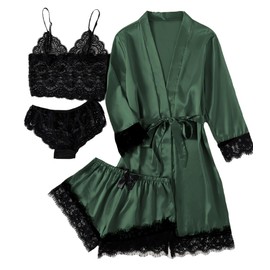 LYANER Women's Sexy Silk Satin Pajamas Set 4pcs Lingerie Nightwear Floral Lace Cami Pjs Sleepwear with Robe Plain Deep Green Medium