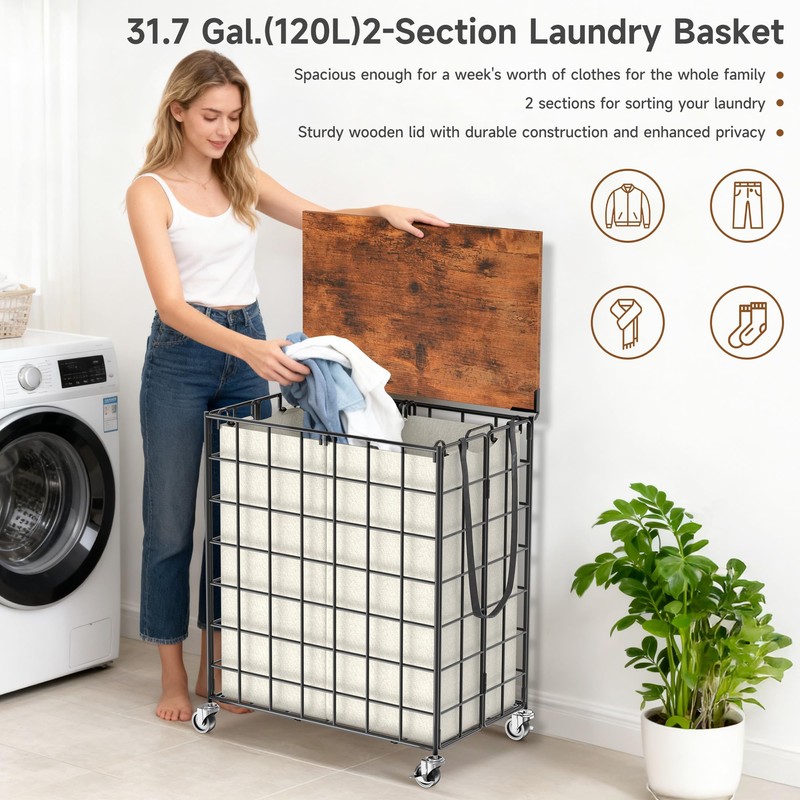 DXIGUSO Laundry Basket with Wheels, Heavy Duty Laundry Sorter 2