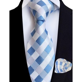 Men's Classic Light Blue and White Silk Ties Set Designer Jacquard Woven Business Dress Necktie Pocket Square Set
