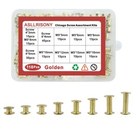 ASLLRISONY 110 Sets Chicago Screws Assorted Kit,8 Sizes of Round Flat Head Leather Rivets Metal Screw,Used for Leather Crafts, Clothing, Shoes, Belts, Bags, and Custom-Made Items(Golden)