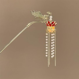 Lantern Light Long Tassel Flower Hairpin Hair Stick, Phoenix Palace Lantern Hair Accessories Chinese Coiled Hair Antique Hair Pin (Red)