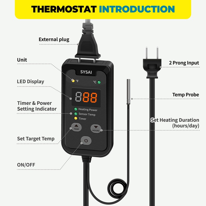 SYSAI Temperature Controller for Reptile Tank, Heat Mat, Seed Germination,
