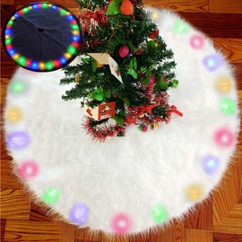 BIGOU Christmas Tree Skirt with LED Light - 30 Inch 2 Modes Snow White Luxury Faux Fur Tree Skirts Base Cover Floor Mat Christmas Lighting Decorations for Xmas Party Holiday Home Garden