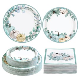 150Pcs Fall Paper Plates Thanksgiving Plates Disposable 350GSM Blue and White Pumpkin Plates & Napkins Thanksgiving Paper Plates for Baby Shower Fall Harvest Party Thanksgiving Decorations, Serve 50