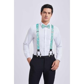 HISDERN Aqua Bow Tie and Suspenders for Men Paisley Floral Bowtie & Suspenders with Pocket Square Sets Y Shape 6 Clips Wedding Party Braces
