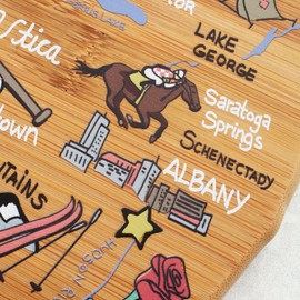 Totally Bamboo New York State Shaped Cutting Board and Charcuterie Serving Platter with Artwork by Fish Kiss, Includes Hang Tie for Wall Display