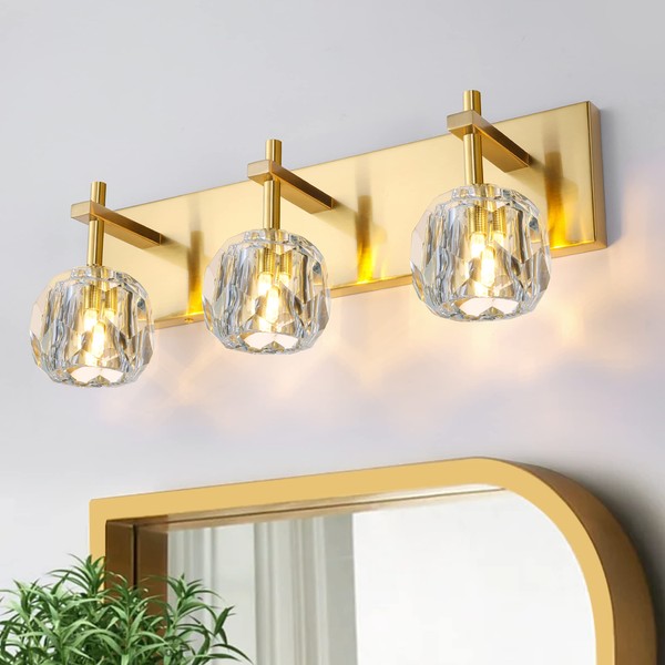 OSGNER Bathroom Light Fixtures, Vanity Lights Gold Bathroom Lights Over Mirror 3 Light Crystal Brass Gold Vanity Light Wall Mounted for Bathroom