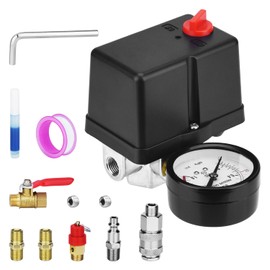 Universal Air Compressor Pressure Switch Control Valve (90-120 PSI, 110V-240V) with 0-180 PSI Regulator and Safety Pressure Relief Valve - 4 Way Replacement Part (110V-240V-B6)