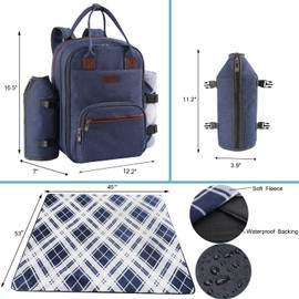 ALLCAMP OUTDOOR GEAR Picnic Backpack for 2 Person Set W/Detachable Bottle/Wine Holder, Fleece Blanket, Plates and Cutlery Set (Blue)