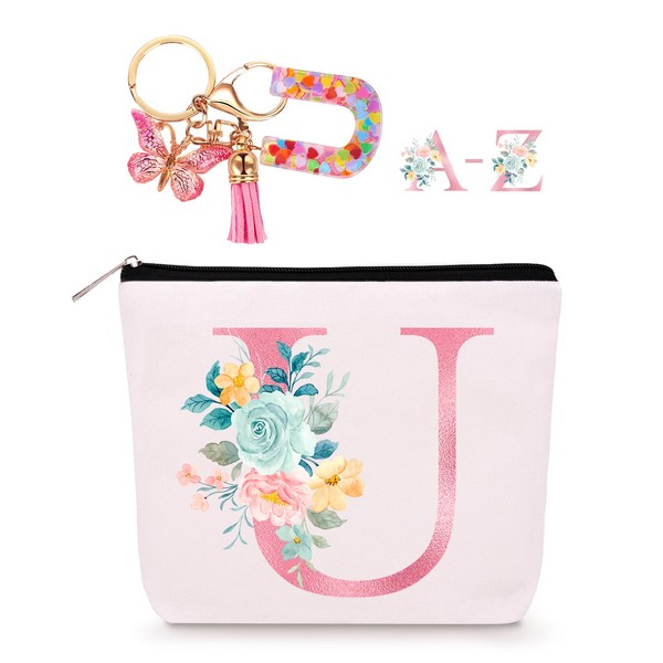 Personalized Makeup Bag with Initial Keychain, Custom Travel Initial Makeup