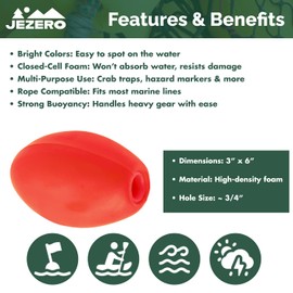 JEZERO Deep Water Fishing Floats: Great for Trail Markers, Dock Floats, Swim Buoy, Kayak Anchor Kit, Pool Buoy, Crabbing & Boats | RED, 6" x 3", Single (PN: Sfloat-R)