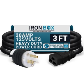 IronBox Electric 5-20P to C19 Power Cords - 20A, 125V, 12/3 SJT - UL Listed Extension Cable Adapter - Power Supply Cables - Heavy Duty Plug and Cord for Computer, PDU, Data Centers & More (3ft, Build)