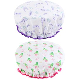 Bath Caps Elastic Band Waterproof Shower Caps With Ruffled Edge Covering Ears Keeping Hair Dry Kitchen Oil-proof Cap for Girls and Women (Floral)