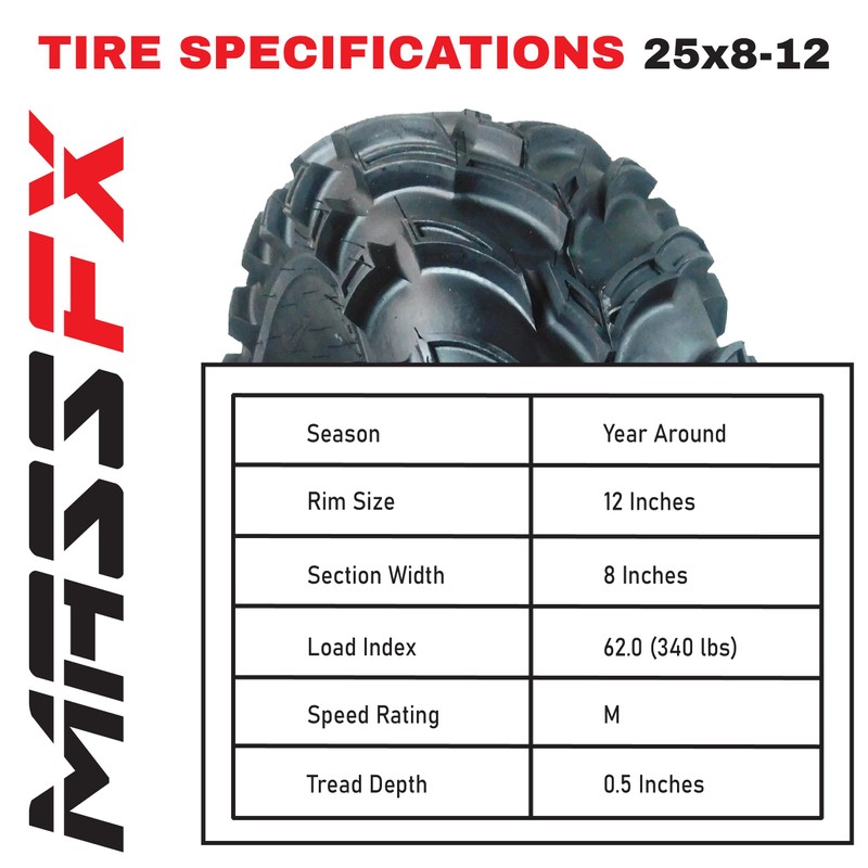 MASSFX 25x8-12 Front Tire for All-Terrain (ATV), Utility-Task (UTV), and