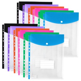 Document Wallet A4 Filing, Pack of 12 Expandable Folders Folder System, 11 Hole Edge Document Folder A4 with Press Stud and Label Pocket, Waterproof Folder Organiser