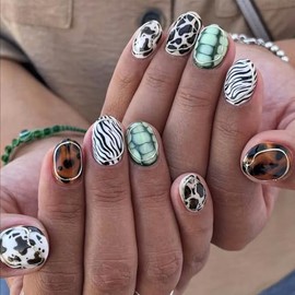 Uñas postizas cortas con diseño de rayas de animales, almendra, con brillantes líneas circulares plateadas 3D, uñas postizas de cebra, tortuga y leopa