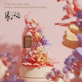 RIESEK Artificial Flower Bouquet Rotating Music Box,Mini Plant Set for Adult,Bonsai Tree Friend Set for Girls,Botanical Collection Gift for Kid,Office Home Decor Building Block,Birthday Gift for Women