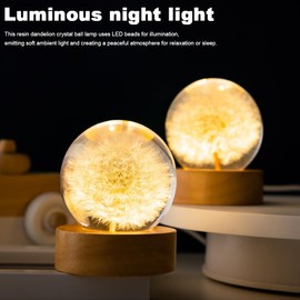 Starnearby Flower Crystal Ball Lamp, 6 cm Glass Ball Illuminated, Dandelion in Glass, Glass Ball Night Lamp with Wooden Sock, Snow Globe Gifts for Women, Mum, Children, Girlfriend (Round Dandelion)