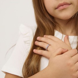 Anillo de plata de ley 925 con circonitas cúbicas de corazón rosa y transparente para niñas jóvenes y preadolescentes, bonito anillo de circonita cúbica para accesorios diarios para niños, joyas de