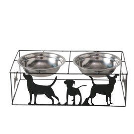 Erhöhte Hunde-Futterschalen Set, 2X 426 ml Edelstahlnäpfe, Metallständer mit Hundemotiven, 35x19x11 cm, Schwarz