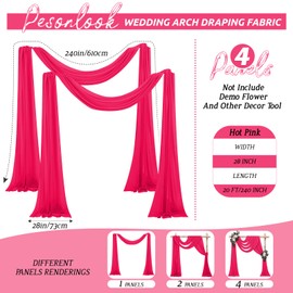 4 Panels Draping Fabric, 28" x 20 Ft Hot Pink Sheer Wedding Arch Drapery for Ceremony Arch Stage Party Backdrop Ceiling Decor